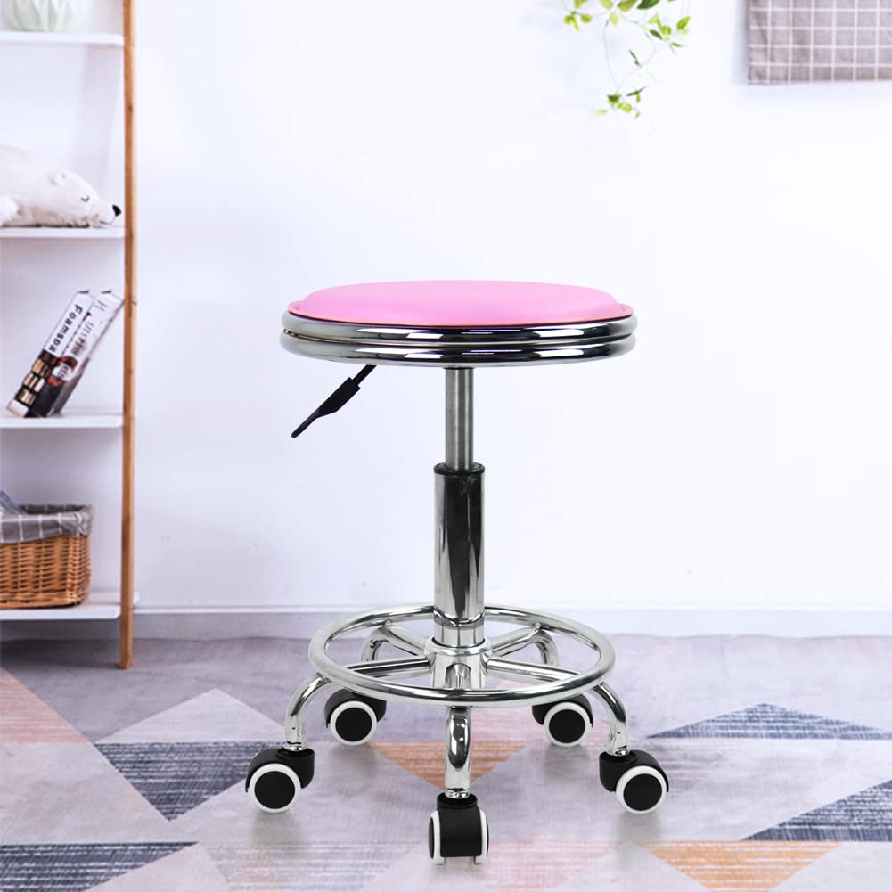 KKTONER Round Rolling Stool with Foot Rest PU Leather Height Adjustment Modern Industrial Metal Style Swivel Spa Salon Tattoo Work Massage Stools Small (Purple Pink)