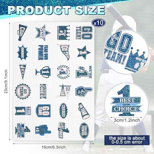 Landhoow 240 Pcs Blue Team Spirit Tattoos Temporary Glitter Go Team Tattoos Football Temporary Stickers Party Costume Accessory for School Spirit Supplies