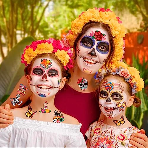 Day of the Dead Temporary Tattoos, 96pcs Sugar Skull Face Stickers