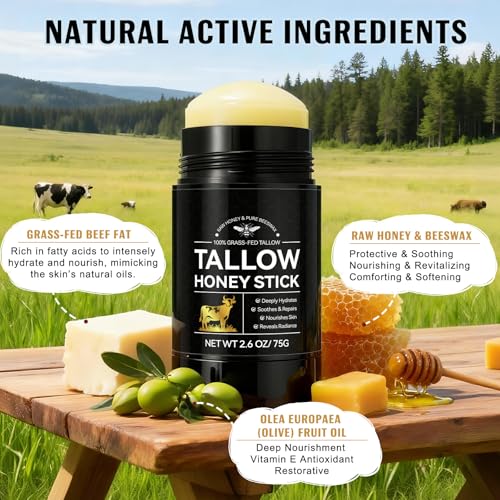 Beef Tallow for Skin, Organic Beef Tallow Balm Stick, 100% Grass-Fed Honey & Beeswax, Deep Hydration For Dry & Aging Skin, Natural Barrier, Nourishing Moisturizer, 2.6oz