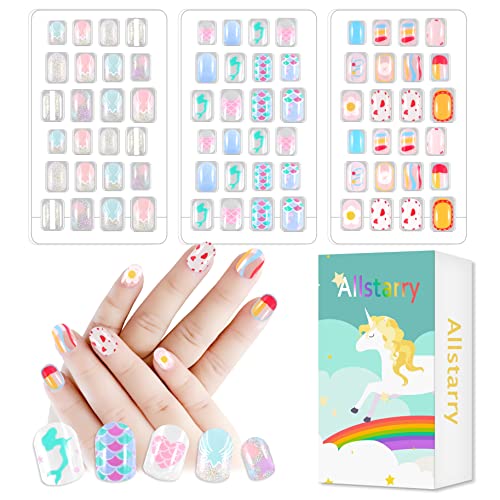 Allstarry 72pcs 3 pack Children Nails Press on Pre-glue Full Cover Bear Sunflower Doughnut Short False Nail Kits Lovely Gift for Children Little Girls Nail Art Decoration - Pink Party