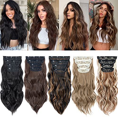 Bilisar Clip in Hair Extensions for Women Highlight Wavy Curly Long Synthetic Hairpieces for Women 20 inch 4pcs Ash Brown mix Ash Blonde Full Head