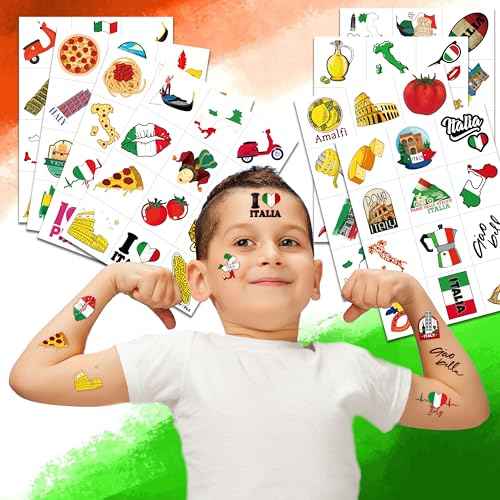 96 PCS Italian Italy Pre-Cut Rome Temporary Tattoos Themed Birthday Party Decorations Supplies Favors D?cor Flag Inspiring Tattoo Stickers Gifts For Game Boys Girls Classroom School Prizes Reward