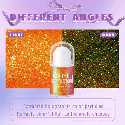 Roll-on Orange Body Glitter Gel for Face Hair, Holographic Chameleon Color Changing Face Paint Glitter Autumn Makeup, Chunky Mermaid Sequins Festival Party Rave Accessories Shimmer Makeup