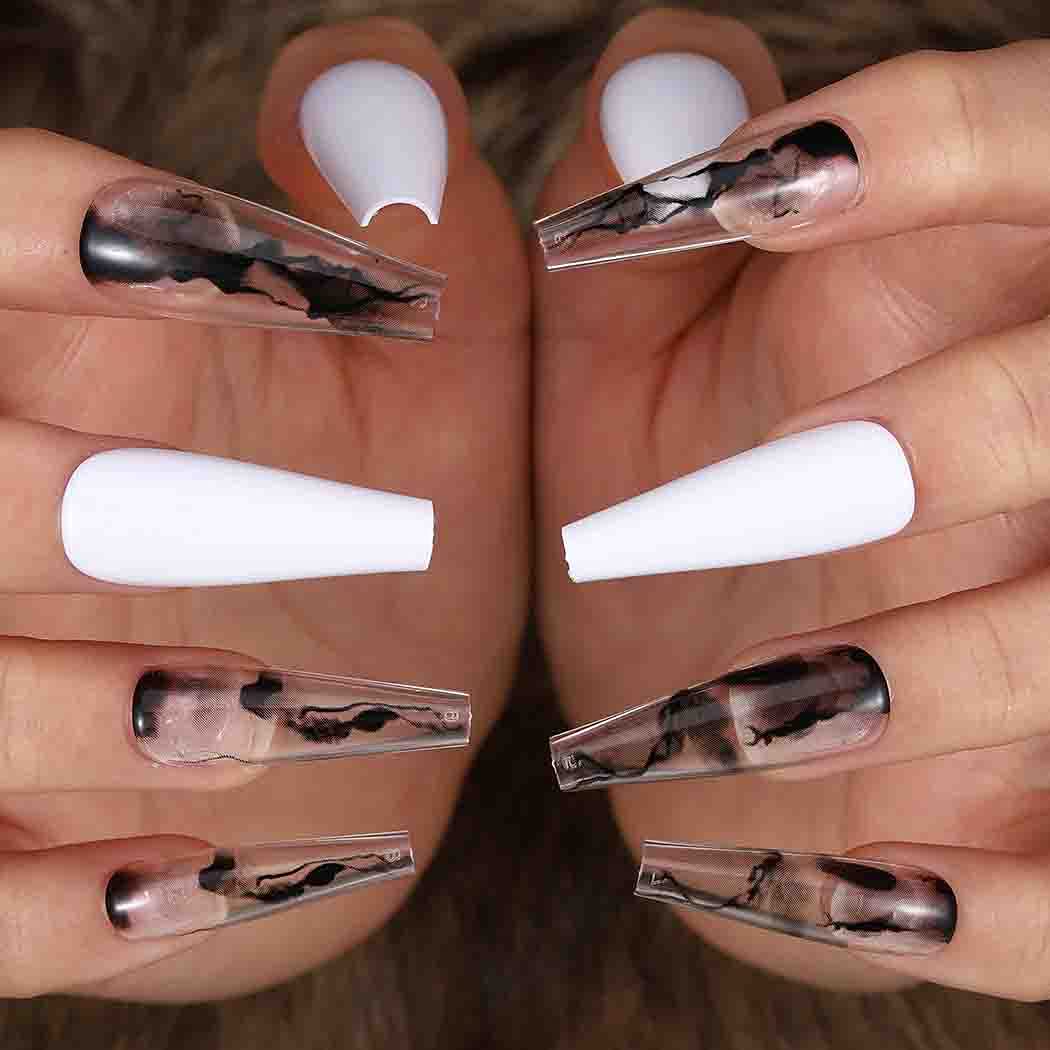 Outyua Glossy Smoke Pattern Fake Nails Coffin Extra Long Press on Nails with Design Ballerina Acrylic Super Long False Nails Designer Full Cover Artificial Nails for Women and Girls 24Pcs (White)