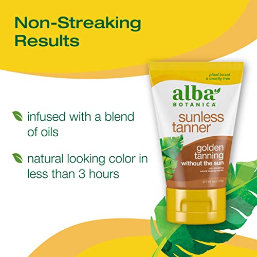 Alba Botanica Sunless Tanner, Self-Tanning Lotion for Face and Body, Golden Tanning without the Sun, Non-Streaking and Natural Looking Self-Tanner, 4 oz. Tube (Pack of 2)