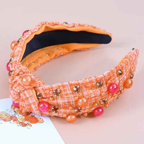 Thanksgiving Knotted Headband Fall Autumn Headbands for Women Crystal Pearl Tweed Headband Jeweled Twist Knot Hairband for Girls Thanksgiving Headpiece Hair Accessories