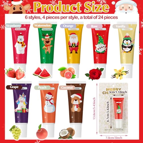 24 Pcs Christmas Scented Lip Balms Natural Balms Bulk Moisturizing Lip Balm for Dry Cracked Lips Christmas Party Gifts Stocking Stuffers for Women Men Girl Staff Coworkers Teacher