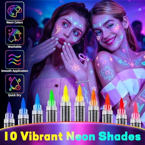 10-Color UV Reactive Body Paint Markers with Glow Effect
