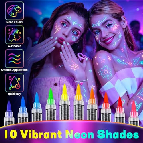 10-Color UV Reactive Body Paint Markers with Glow Effect