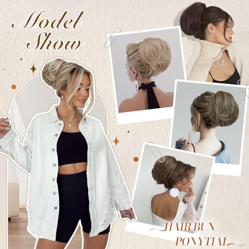 FESHFEN Hair Bun Hairpiece Fully Short Ponytail Bun Hair Chignon with Comb Clip Bun Updo Drawstring Bun Synthetic Highlight Hair Pieces Extension for Women, Gray and White Tips