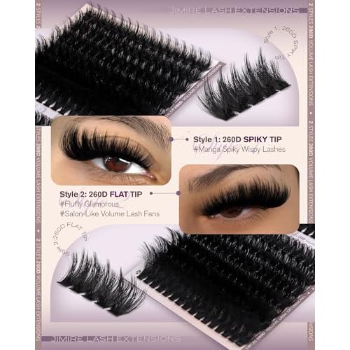 JIMIRE Lash Clusters 260D Manga+260D Volume Individual Lashes Clusters 12-24MM Long Eyelash Clusters Thick Mink Cluster Eyelash Extensions Fluffy Salon Like Cluster Lashes Pack