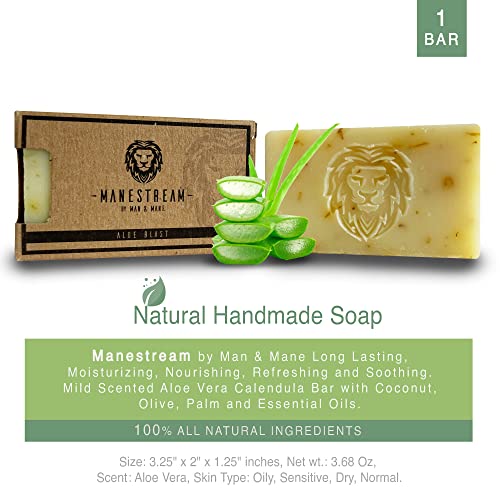 MAN & MANE Manestream Long Lasting, Mild Scented Aloe Vera Calendula Bar with Coconut, Olive, Palm and Essential Oils - Natural Handmade Soap