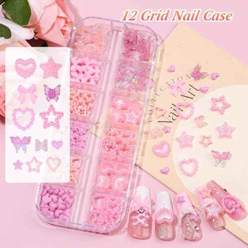 5 Boxes 3D Nail Charms Set,24Pcs Y2k Alloy Nail Art Rhinestone Charms 3D Bow Flower Crown Heart Star with Tweezers and Dual-end Brush for Manicure Salon DIY Crafts,Face Makeup Gems Jewels (Pink)