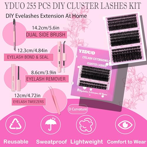 YIDUO 255PCS Volume Lash Clusters Kit with Bond & Seal