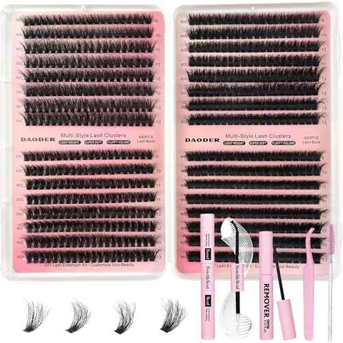 DAODER Thick Short DIY Lash Extension Kit 640pcs 50D 60D 80D 100D Mixed Volume 3D Cluster Eyelash Extensions Fluffy D Curl Individual Lashes Clusters with Lash Remover Bond Seal 9-13mm