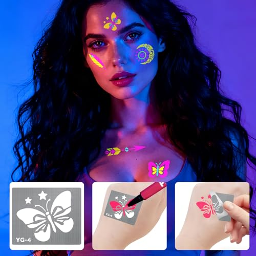 Glow In the Dark Markers for Face Body Paint, 4 Temporary Tattoo Markers for Skin + 57 Tattoo Stencil Stickers, Glow Under UV Light Body Marker Kit