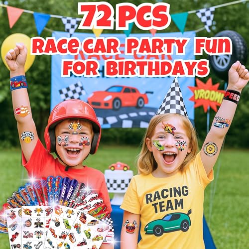 72PC Racing Party Favors Set - 48 Tattoos & 24 Slap Bracelets