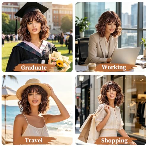 Brown Highlight Bob Wig with Bangs - Wavy Curly Short Hair