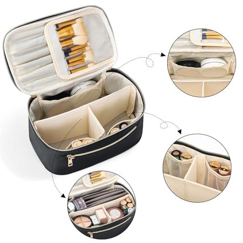 Travel Makeup Bag Organizer, Large Capacity Cosmetic Pouch for Women, Waterproof Make Up with Divider, Clamshell Makeup Case Make Up Bag with Handle and Metal Zipper, Travel Essentials Black