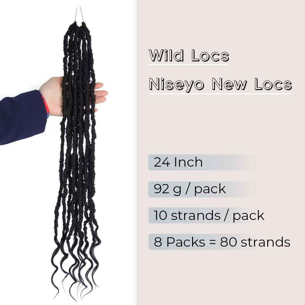 Niseyo Wild Locs 24 Inch Distressed New Faux Locs with Curly Ends 8 Packs Long Soft Pre-looped Goddess Crochet Hair (2#, Off Black)