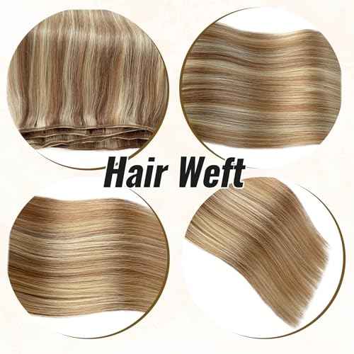 18 Inch Human Hair Weft Sew in Hair Extensions Real Human Hair Hand Tied Weft Hair Extensions Color 12/613 Golden Brown to Bleach Blonde Highlight Human Hair Bundles Straight Remy Hair Wefts 100 Gram