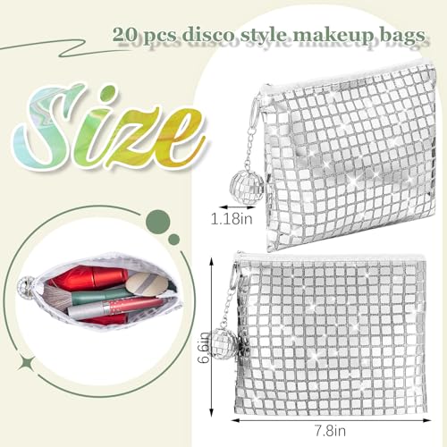 20 Pack Disco Makeup Bags Pop Star Party Favors Portable Glitter Sequin Mirror Cosmetic Organizer with Zipper, Suit for Bachelorette New Years Eve 70s, 80s, 90s Disco Party Favor (Silver)