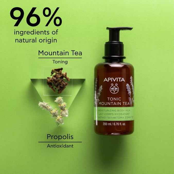 Apivita Tonic Mountain Tea Mousturizing Body Milk | Moisturizes, Softens Tones & Revitalizes with Mountain Tea & Propolis, 200 mL / 6.67 oz