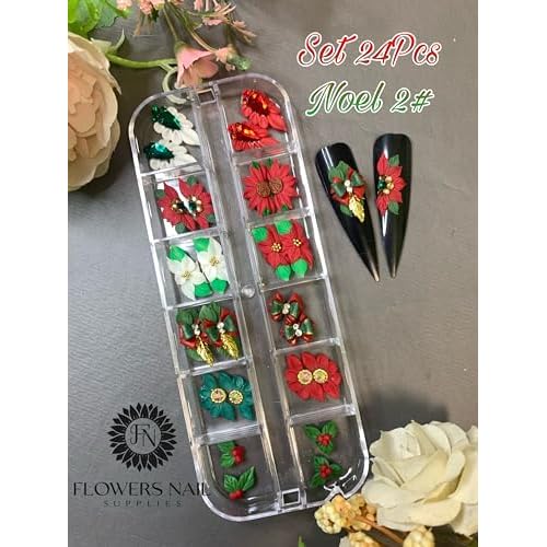 Set 24Pcs 3D Acrylic Christmas Nail Art Charms- Santa, Snowman, Reindeer,Pine tree, Penguin, Bear heart Handmade by Acrylic Powder (Noel-KILUM-Style-1)