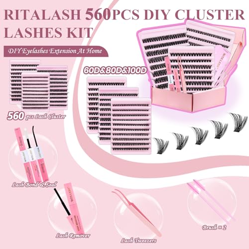 Lash Clusters Kit 3D Effect Volume Lashes Clusters Kit Wispy Cluster Eyelash Extensions D Curl Eyelash Clusters Kit Pesta?as Postizas Naturales+Bond&Seal,Remover,Tweezers,Brush(150D+200D+Spike Kit)