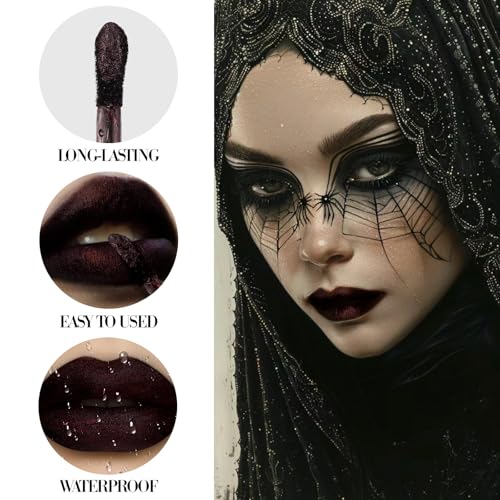 Goth Lip Gloss, Highly Pigmented Matte Burgundy Dark Lipstick with Shimmer, Silky Long Lasting Goth Makeup Shiny Lip Stain for Women, Moisturizing Lipstick for Daily, Halloween Vampire, Witch, Theater