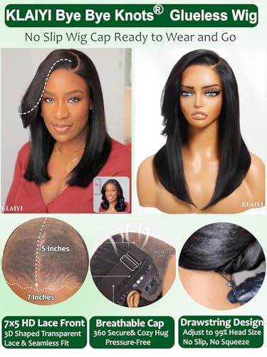 KLAIYI Yaki Straight Bob Wig 14" Glueless 7x5 Lace Front Human Hair