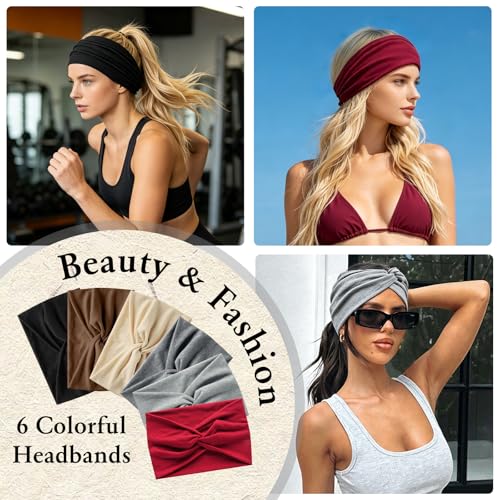 Women’s Wide Elastic Non-Slip Cotton Headbands - 6 Pack for Workout & Spa