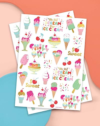 Ice Cream Birthday Party Temporary Tattoos for Kids - 56 Glitter Designs