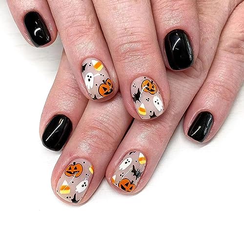 24Pcs Halloween Press on Nails Short Square Fake Nails Black False Nails Halloween Acrylic Nails Full Cover Stick on Nails Glossy Artificial Nails with Pumpkin Ghost Bat Designs Cute Glue on Nails