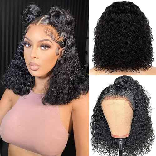 Deep Wave Bob Wig Human Hair 14 Inch 13x4 Lace Front Bob Wigs Human Hair Pre Plucked 180 Density HD Transparent Lace Front Human Hair Wigs for Black Women Natural Black