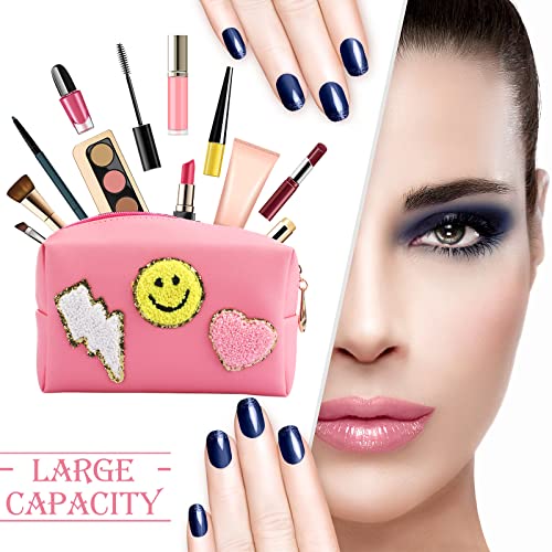 Chunful 9 Pcs Preppy Makeup Bag PU Leather Cosmetic Bag Bulk Makeup Plain Pouch Waterproof Toiletry Purse for Women Traveling Pencil Case Valentine's Day Gifts(Multicolor,Smile, Lightning, Heart)