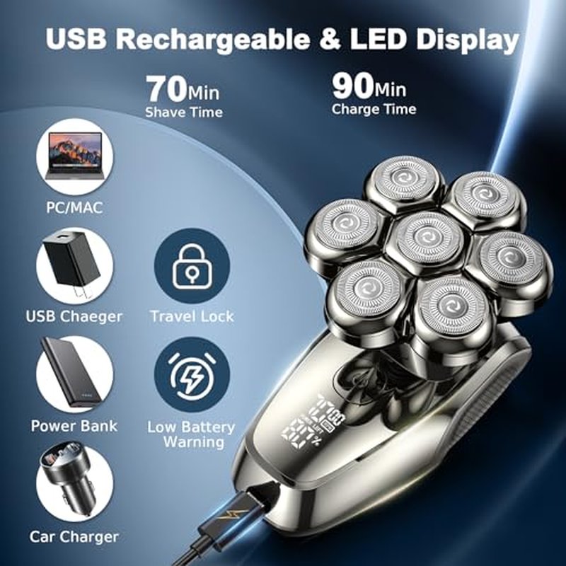 7D Head Shavers for Bald Men, Upgrade 5 in 1 Waterproof Electric Razor Men's Grooming Kit, Detachable Wet/Dry Anti-Pinch Head Shavers for Bald Men, LED Display Type-C Charge Head Shaver