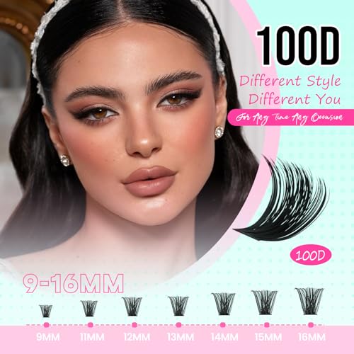 FADVAN Lash Extension Kit Thick Cluster Eyelash Extensions 9-16mm Volume Lash Clusters 100D Individual Eyelashes Kit with Lash Bond And Seal,Remover Tweezers For Beginner (100D, 0.07D, 9-16mm, Kit)
