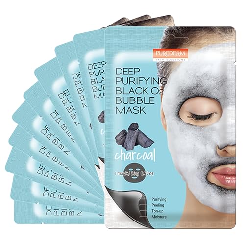 Purederm Deep Purifying Black O2 Bubble Mask Charcoal (10 Pack) ? Bubble Face Sheet Mask for Purifying & Brightening