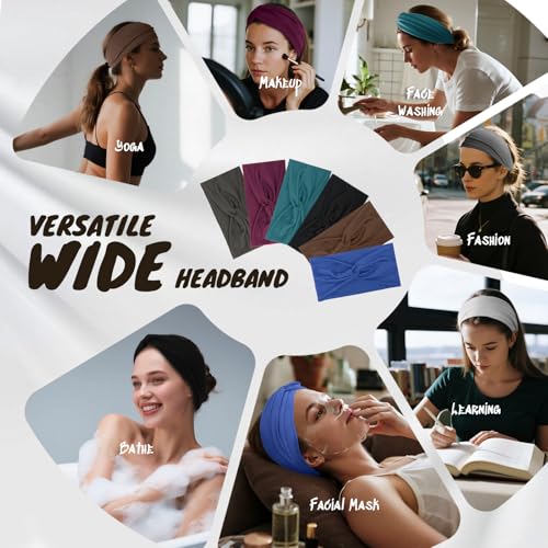 HSEM Non-Slip Wide Headbands for Women - 6-Pack Soft Cotton Bands