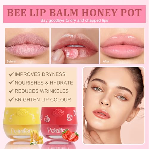 Bee Lip Balm Lip Mask Honey Pot, 4 Pcs Propolis Moisturizing Balm with Applicator, Day & Night Hydrating Lip Treatment for Dry Lips (4 Flavors Set)