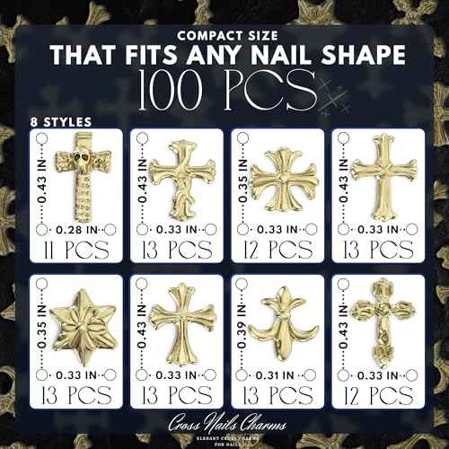 Gold Cross Nail Charms ? 100 Pcs Set Gold Nail Charms and Gems in Acrylic & Metal Alloy, Durable 3D Cross Shapes for Trendy & Artistic Designs ? Easy-to-Apply Accessories for Eye-Catching Manicures