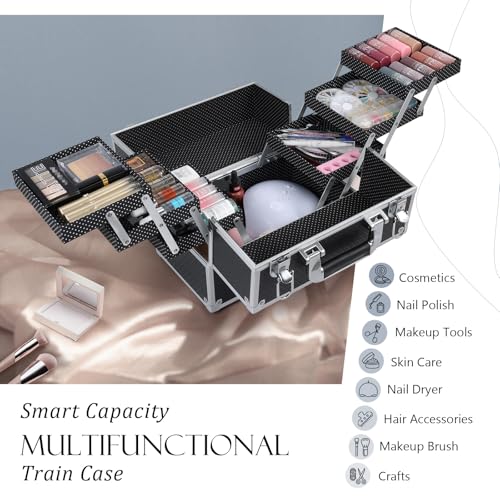 FRENESSA 11.8" Makeup Train Case with 6 Trays, Hard Cosmetic Organizer