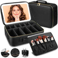 15¡°¡¿11¡°Professional Makeup Train Case,Large Waterproof Travel Makeup bag with Mirror and Light, Leather Black Make up Bag with Mirror and Light,Led Makeup Case with Adjustable Dividers