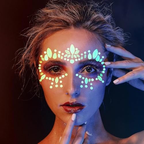 Face Gems Stickers, Glow In The Dark Face Jewels Glitter Stickers Temporary Tattoos Eyes Body Paint Gems For Black Light Neon Uv Music Festival Rave Accessories Concert Graduation Party Makeup