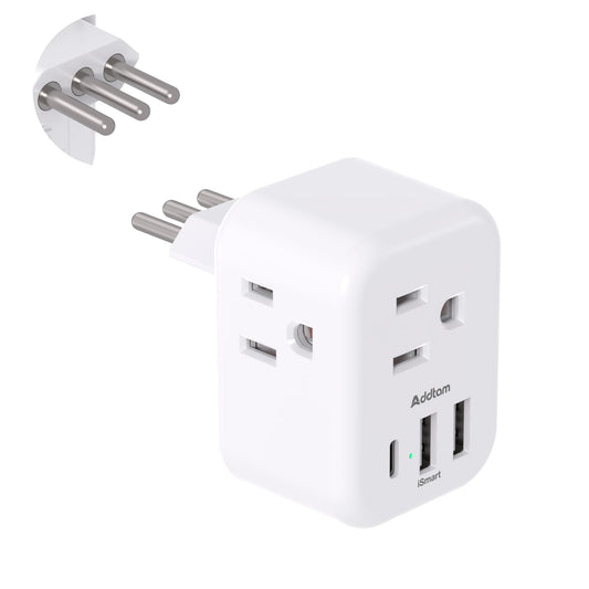 Addtam Italy Travel Power Adapter, 3 Prong Grounded Plug with 3 USB Charging Ports(1 USB C Ports), Type L Outlet Adaptor Charger for USA to Italy Uruguay Chile Italian