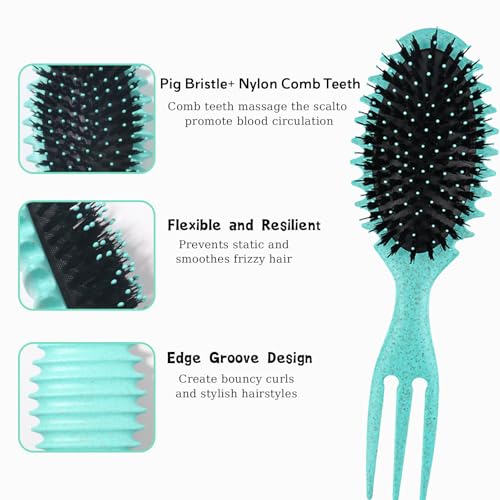 Curly Hair Brush Detangling Brush, Green Round Brush Styling Brush Boar Bristle Styling Brush with Soft Silicone Bristles, Shaping & Defining Curls Hair Brushes for Women