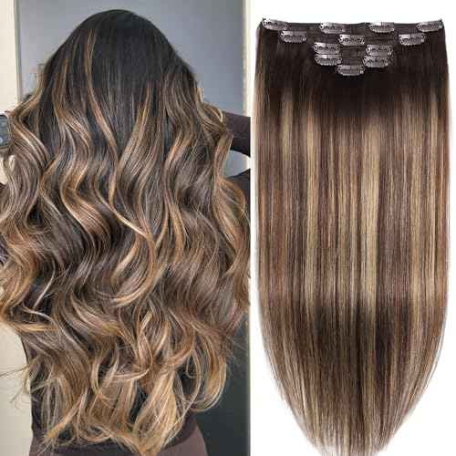 Clip in Hair Extensions Real Human Hair Extensions 20 Inch Human Hair Clip in Extensions Balayage Chocolate Brown to Caramel Blonde Clip ins for Women Remy Human Hair Extensions #4/4/27 80g 5pcs