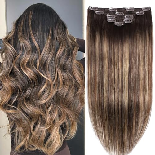 Hair Extensions Real Human Hair Clip in Hair Extensions Remy Human Hair Clip ins Balayage Chocolate Brown to Caramel Blonde Straight Real Hair Extension for Women 18 Inch 80g/5pcs Soft Silky
